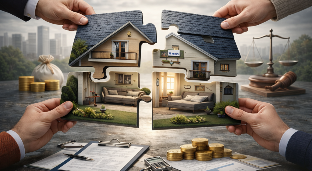 Casa dividida entre copropietarios en conflicto y documentos legales sobre la mesa para explicar los tipos de proindiviso y cómo vender una parte indivisa