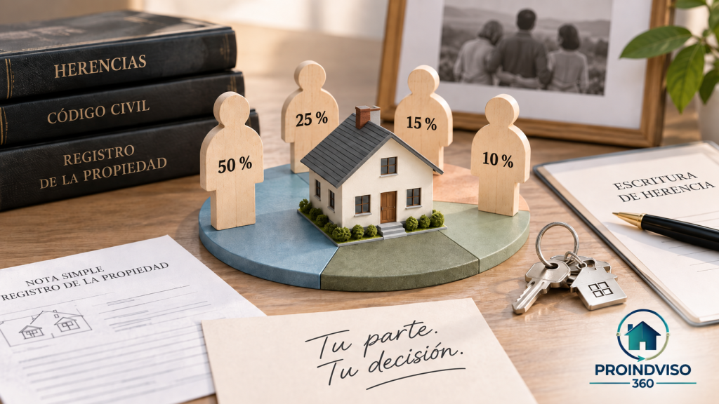 Vivienda heredada en copropiedad con varios herederos y porcentajes distintos, junto a escritura de herencia y nota simple del Registro de la Propiedad.