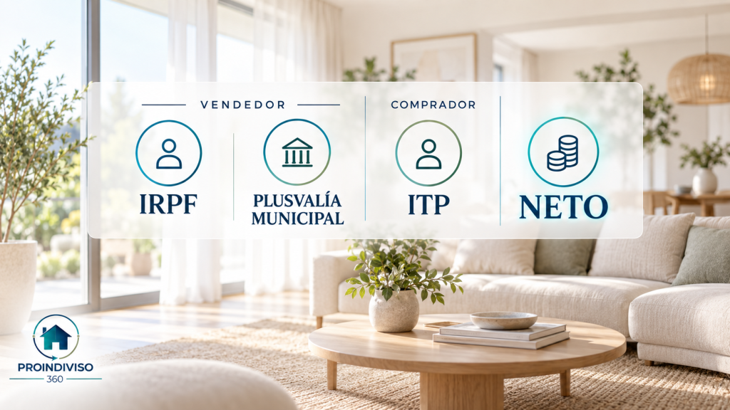 Calculadora, escritura de una vivienda y documentos de Hacienda para calcular los impuestos al vender una parte indivisa de un inmueble
